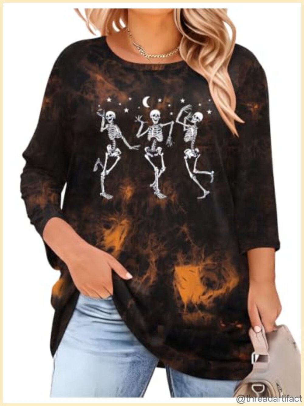 Plus Size Halloween Dancing Skeleton 3/4 Sleeve Tee Shirt Womens Spooky Fall Top